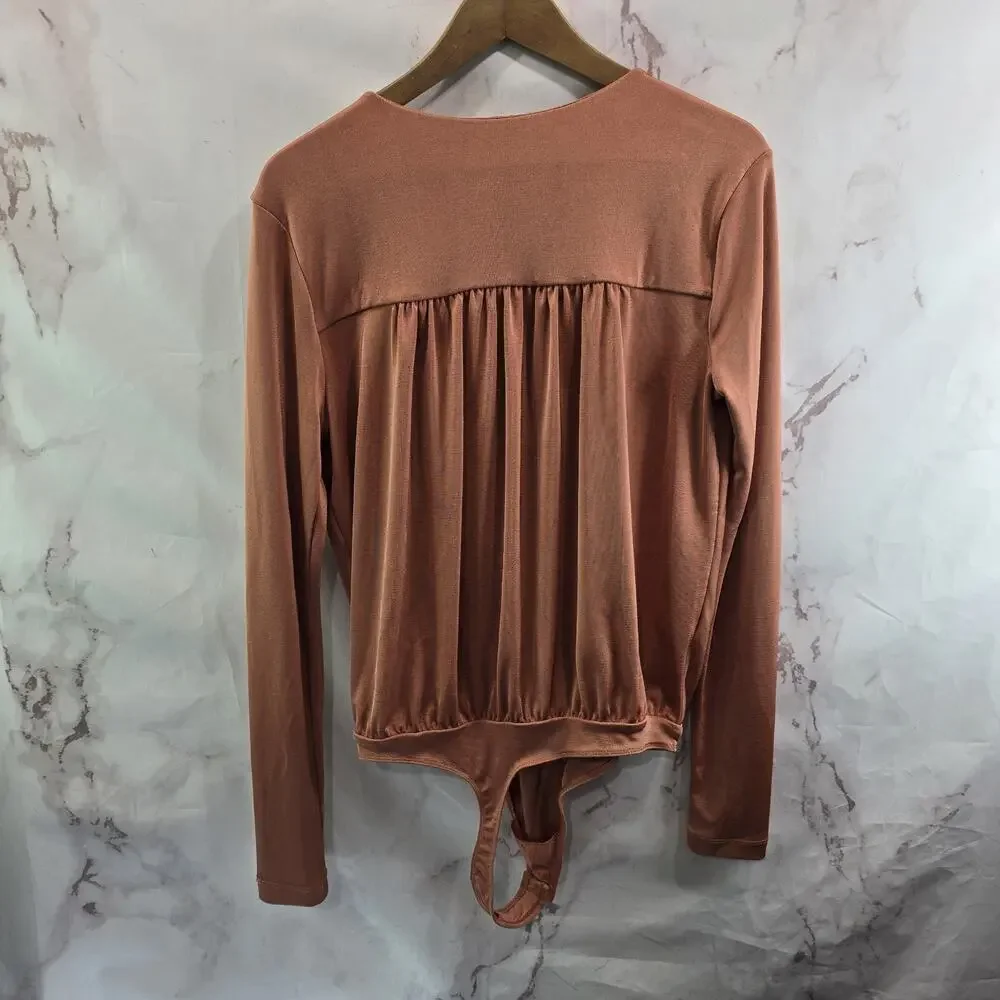 Free People Bodysuit Womens Large Peach Turnt Long Sleeve V Neck Thong Ginger
